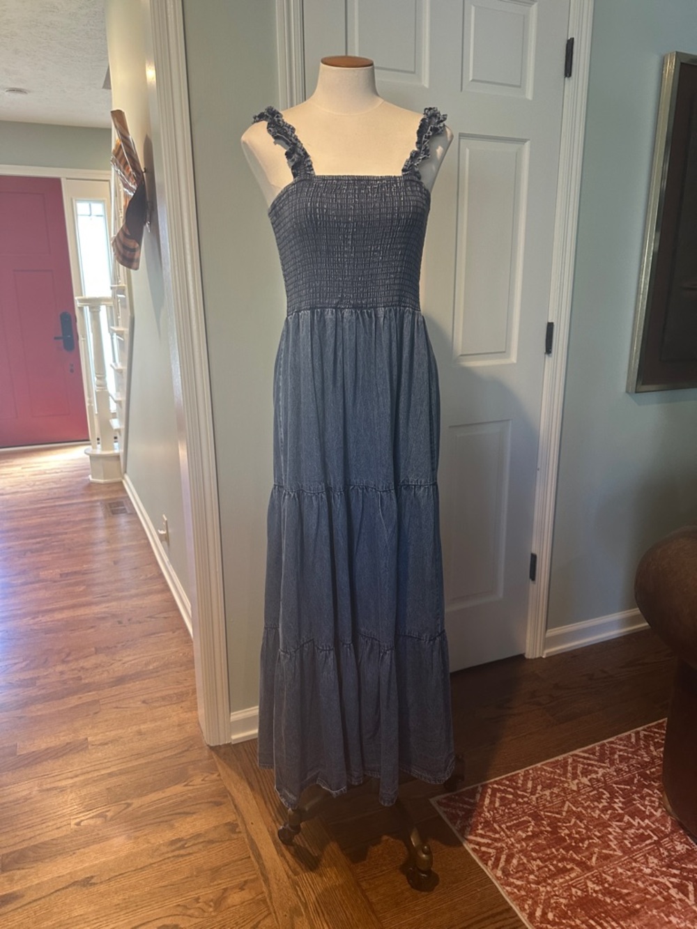 NWOT Tulip Creations Sz Large Smocked Tiered Maxi Dress in Denim Blue